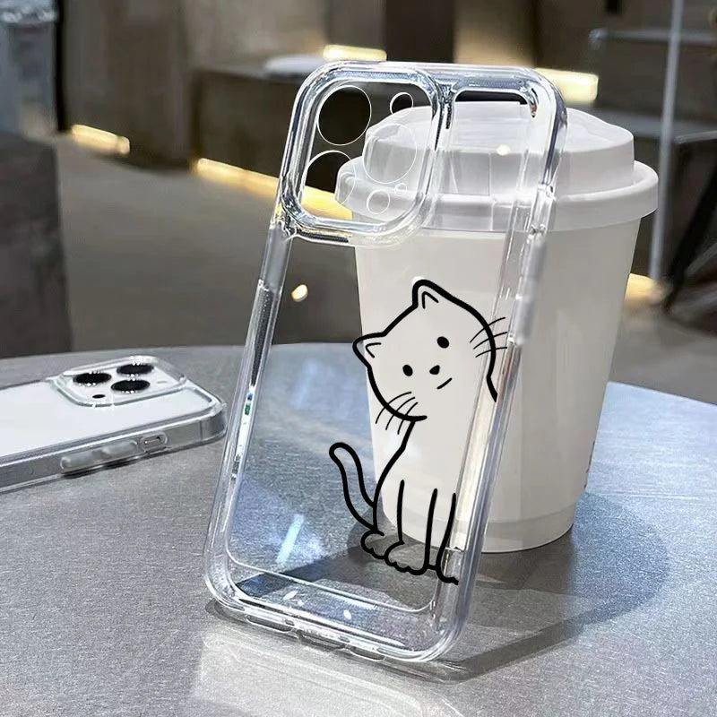 Luxury Shockproof Soft TPU Clear Phone Case For iPhone 17 11 12 13 14 15 16 Pro Max 16 Plus 16E 17 Air With Cute Line Cat Cover