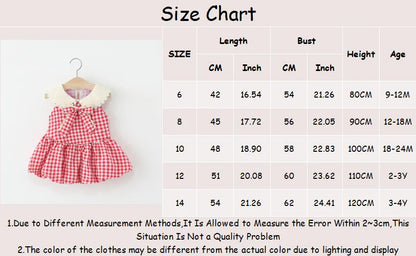 Girls Dresses Summer Cotton Red Checkered Bow Sleeveless Baby Girl Dress Cartoon Casual Beach Baby Clothing