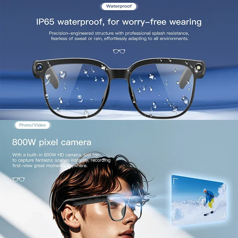 Lunettes intelligentes avec traduction IA, prise de photos, reconnaissance d'objets, caméra 4K, Bluetooth, musique, appels et enregistrement intelligent.