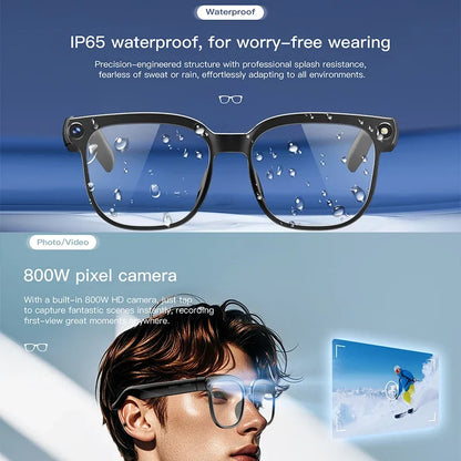 Lunettes intelligentes avec traduction IA, prise de photos, reconnaissance d'objets, caméra 4K, Bluetooth, musique, appels et enregistrement intelligent.