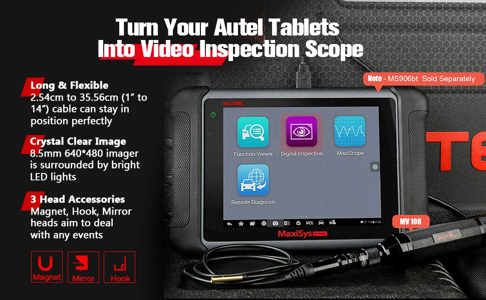 AUTEL MaxiVideo MV108S Digital Automotive Inspection Camera 8.5mm Ultra-Slim Borescope Snake Camera + LED Light