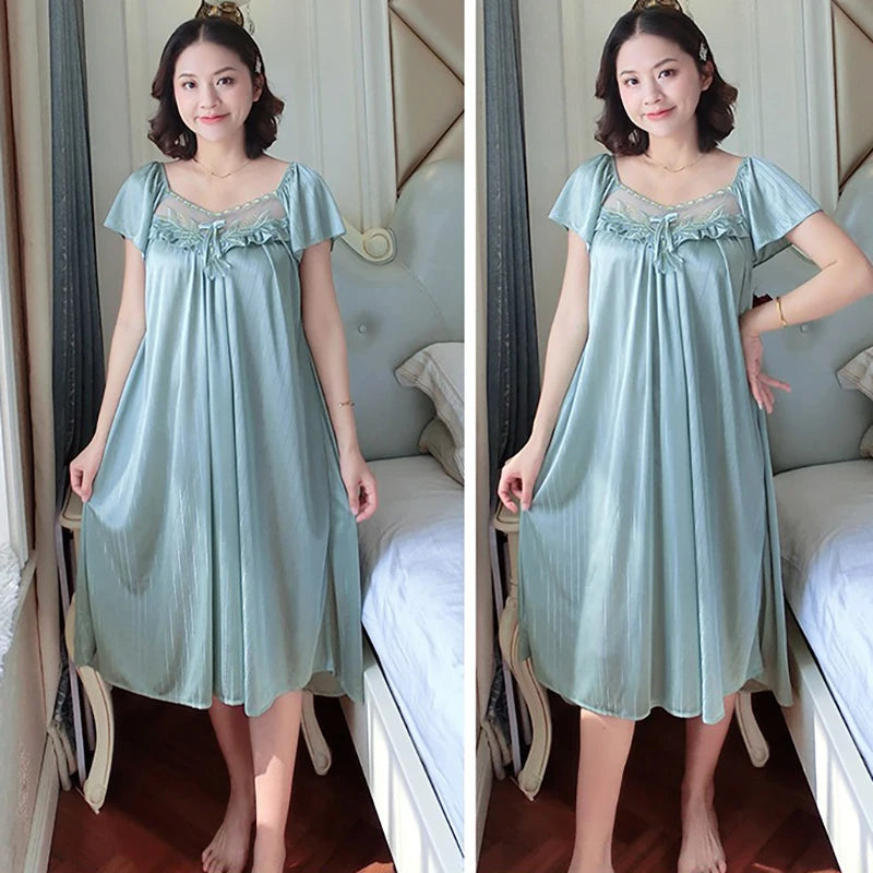 Women's Nightdress Loungewear Ladies Ice Silk Nightgowns Sleeping Dress Medium Length Short Sleeve Home Wear Pyjama Sleepwear