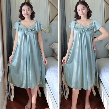 Women's Nightdress Loungewear Ladies Ice Silk Nightgowns Sleeping Dress Medium Length Short Sleeve Home Wear Pyjama Sleepwear