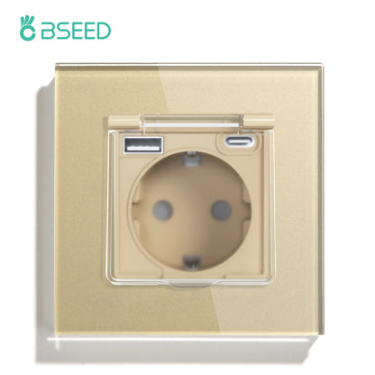 BSEED Single EU Wall Socket USB Type-c Ports Double Waterproof Cover Bathroom Power Sockets Triple Glass Electric Outlets 16A