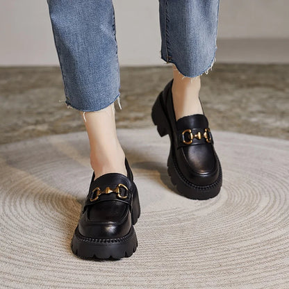 DRKANOL Women Thick Heel Loafers Slip On Pumps Spring Autumn New Design Metal Genuine Leather Round Toe High Heel Platform Shoes