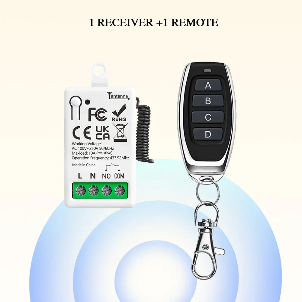 RF433MHz Dry Contact Wireless Remote Control Light Switch AC110V 220V 10A Mini Relay Module for Garage Control Lock LED DIY Lamp