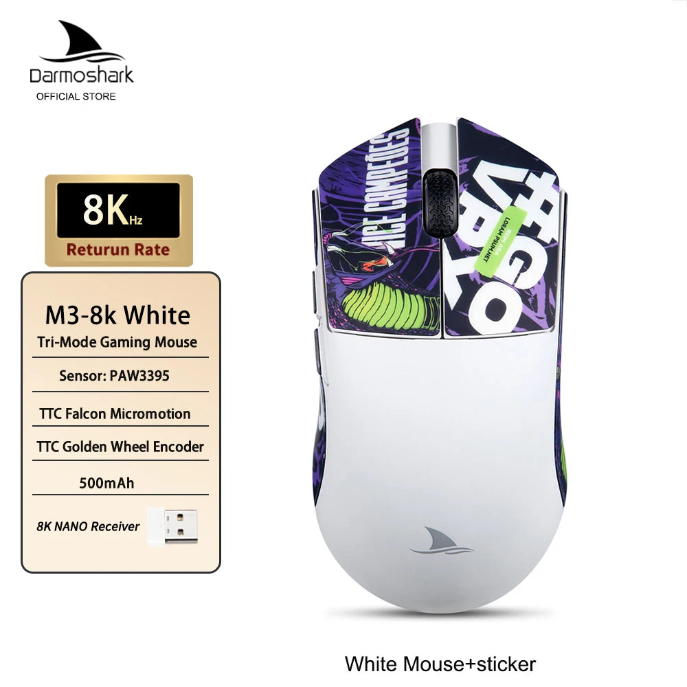 Darmoshark M3 Gaming Mouse Dual Mode 8K Wireless Tri-Mode PAW3395 Big Hand Macro Game Mouse 26000 DPI Lightweight Mice