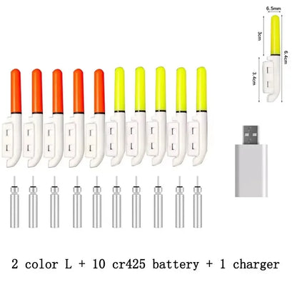 10 pcs/lot Electronic Light Stick With 10 Rechargeable Battery CR322 / CR425 Clip on Fishing Rod Glowing Lamp Night Fishing D001