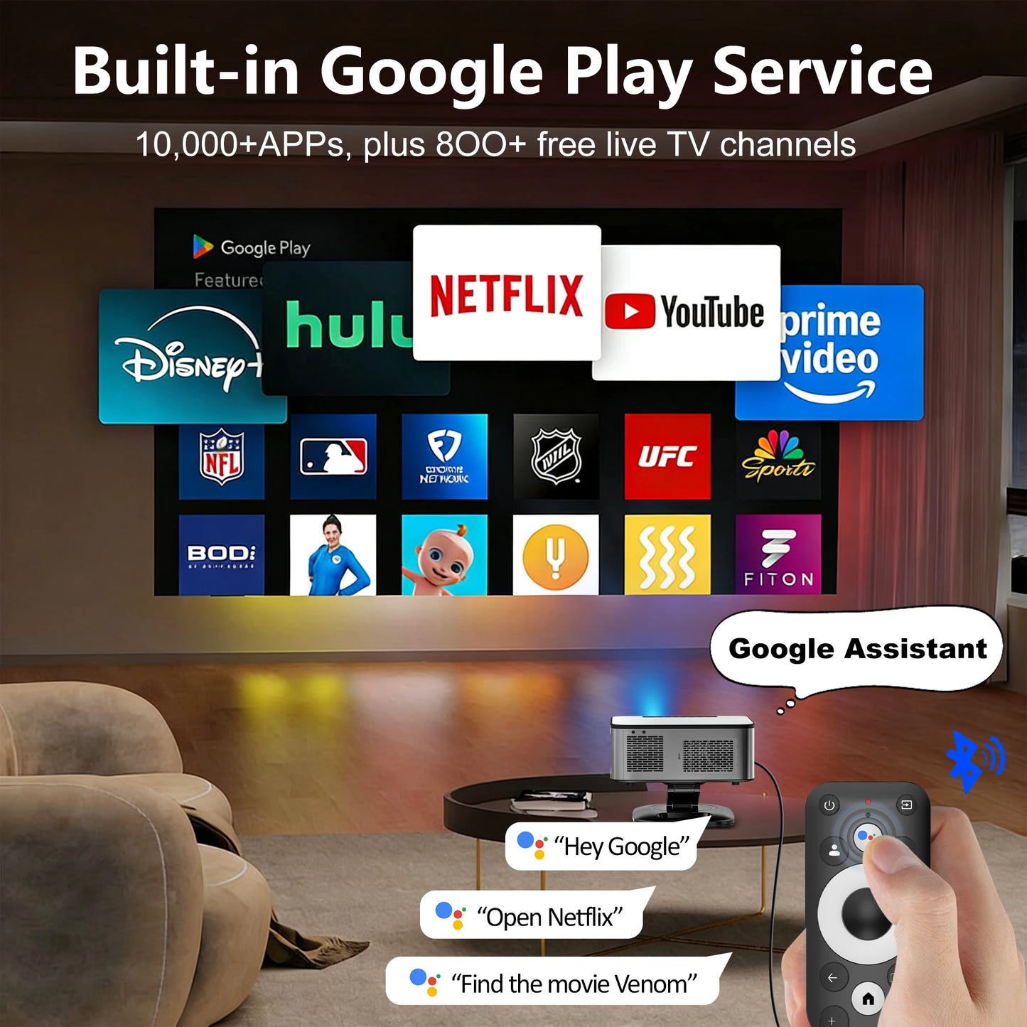 HORLAT Google TV Android 14 Projector 3000ANSI Lumens Auto Focus WiFi 6 3D Full HD 1080P 4K Support Smart Home Theater Projector