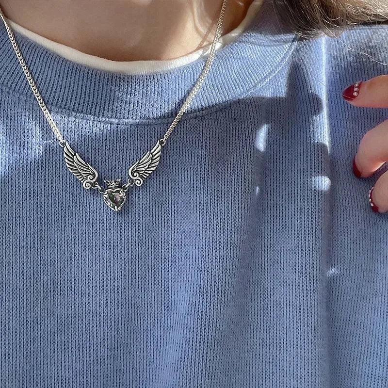 Gothic Silver Plated Heart Angel Wings Necklace Pendant Halloween Wedding Party Holiday Gift for Men and Women Daily Jewelry