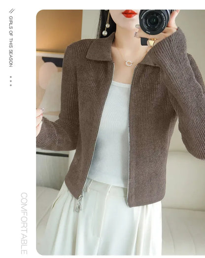 Women Autumn Winter Soft Wool Sweater Polo Collar Thicken Knitted Double Zipper Cardigan Basis Short Top Cashmere Female Coat