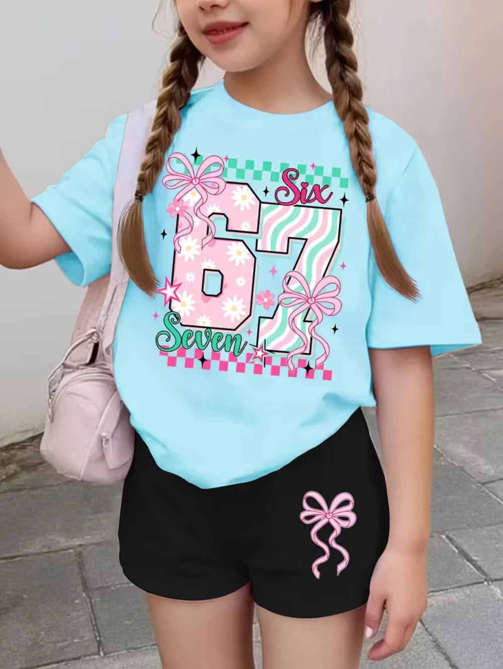 67 Six Seven Girls Clothes Cute Bows Flowers Print Girls Short Sleeve T-Shirt + Pants Set Casual Fashion Children's Clothes Tops