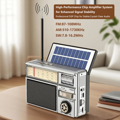 Vintage Solar AM/FM/SW Bluetooth Speaker Radio with USB/TF MP3 Player, Rechargeable Battery FM Receiver Radio for Home&Outdoor