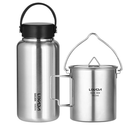 LIXADA Stainless Steel Water Bottle Leak Proof Sports Bottle with 750ml Water Cup for Outdoor Camping Hiking Sport Bottle
