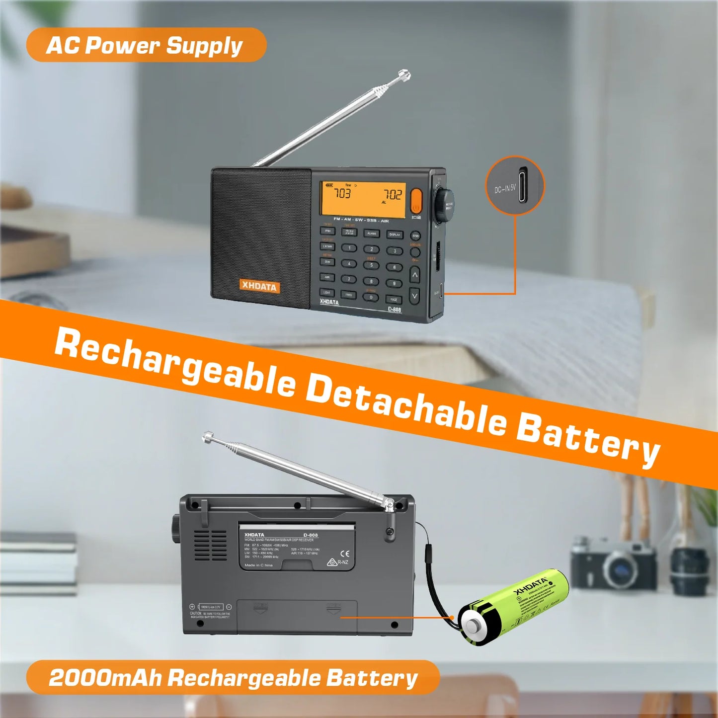XHDATA D-808 Portable Radio AM/FM/SW/MW/LW SSB AIR RDS Radio Speaker with LCD Display Alarm Clock Stereo Radio D808