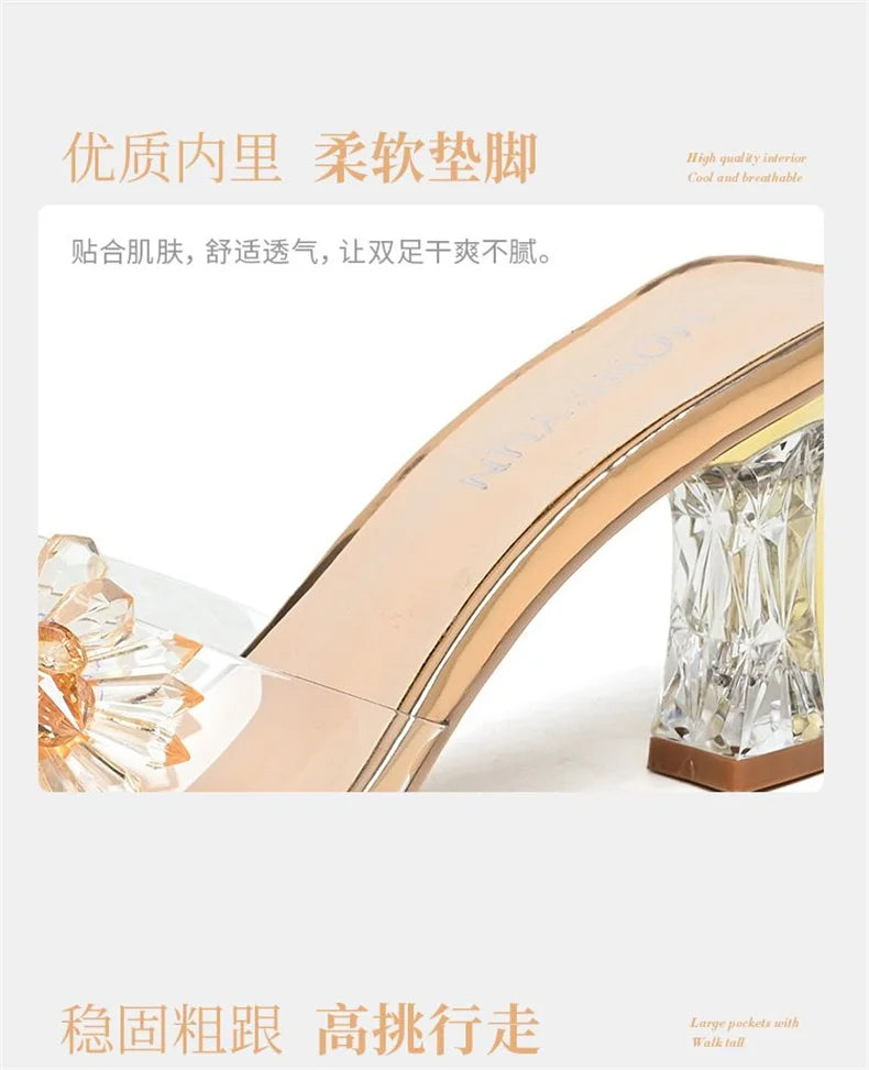 2023 Summer Square Head Open Toe Fashion Transparent Soft Flower Women's Slippers Crystal Heel New High Heel Sandals