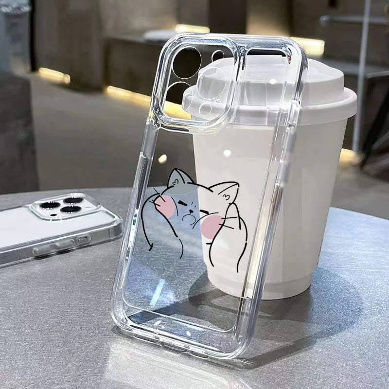 Luxury Shockproof Soft TPU Clear Phone Case For iPhone 17 11 12 13 14 15 16 Pro Max 16 Plus 16E 17 Air With Cute Line Cat Cover