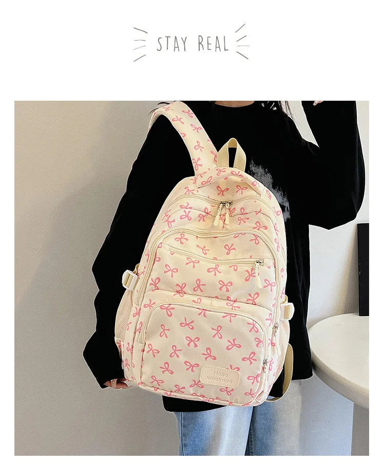 3 Pcs/Set Cute girl Large Capacity Backpack Bow Print Nylon Schoolbag Adjustable Strap Women daily Campus Backpack
