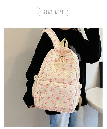 3 Pcs/Set Cute girl Large Capacity Backpack Bow Print Nylon Schoolbag Adjustable Strap Women daily Campus Backpack
