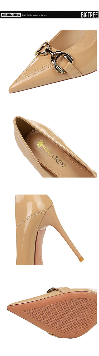 Luxury Design Women 10cm High Heels Metal Buckle Green Pumps Lady Plus Size Wedding Stiletto Heels Party Nude Replica Prom Shoes