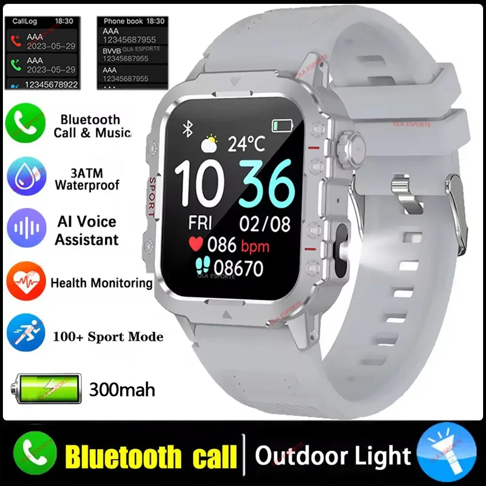 2026 Rugged Military Smart Watch Men's Outdoor Watch LED Flashlight 2.01'' HD Touch Screen Voice Bluetooth Call Smartwatch Gifts