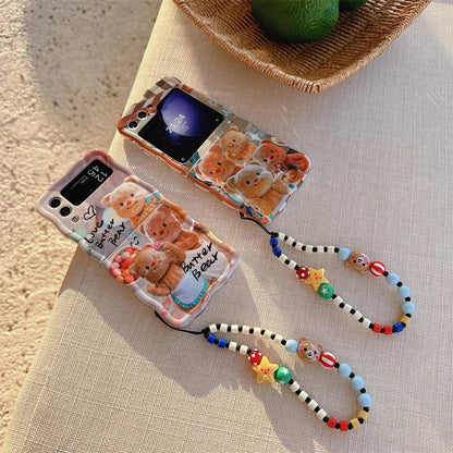 Cartoon Cute Bear Wave Border Phone Case for Samsung Galaxy Z Flip 5 4 3 Zflip5 Flip3 ZFlip4 Star Bracelet Shockproof Lens Cover