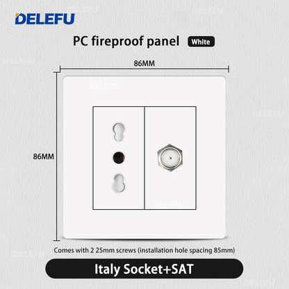 DELEFU86 PC White Flame Retardant Panel Italy Standard Wall Socket USB Type C Socket German Italian Socke EU Socket