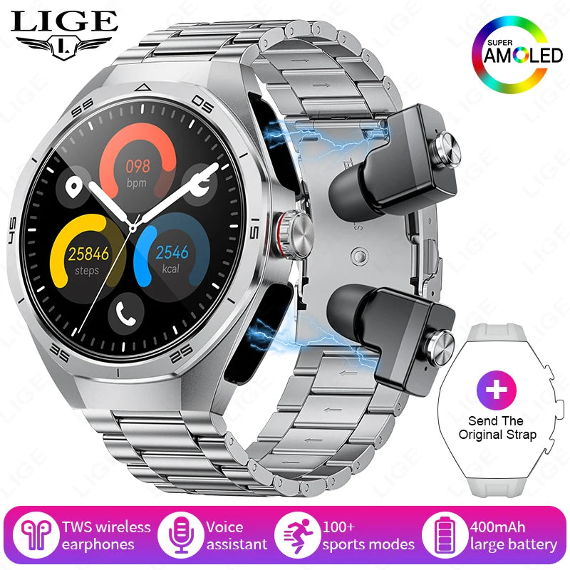 LIGE 2 In 1 Smart Watch With Earbuds NFC Smartwatch TWS Bluetooth Earphone Heart Rate Blood Pressure Monitor Sport Fitness Watch