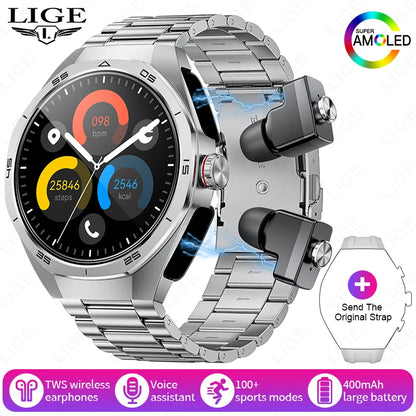 LIGE 2 In 1 Smart Watch With Earbuds NFC Smartwatch TWS Bluetooth Earphone Heart Rate Blood Pressure Monitor Sport Fitness Watch