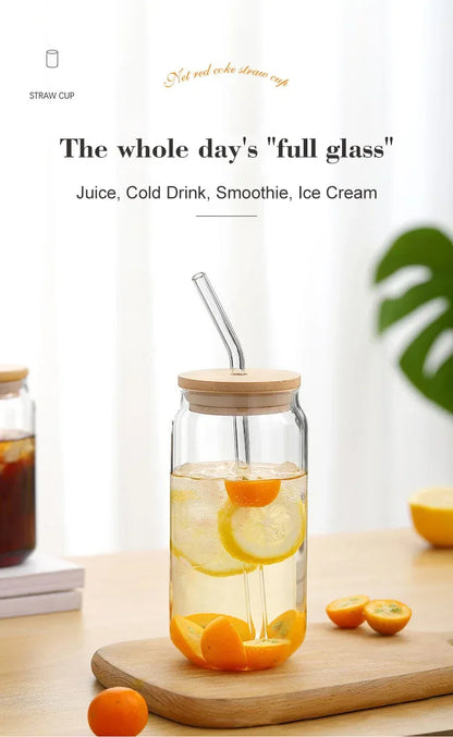 Glass Cup With Straw and Bamboo Lid Transparent Bubble Tea Cup Cold Drinking Glasses Iced Coffee Mug Beer Can Juice Milk Cup