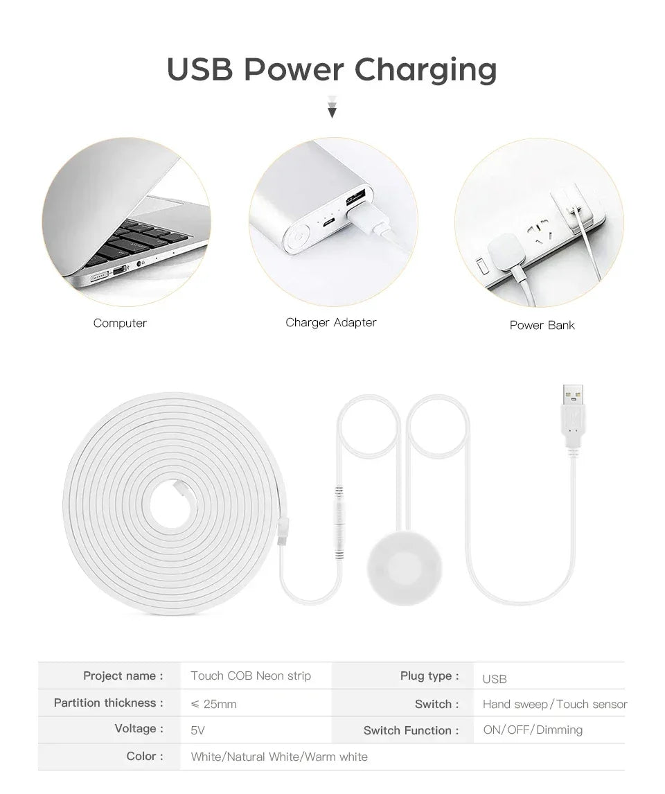 DC5V USB Touch Sensor Dimmable and Hand Sweep Switch COB Light LED Strip Neon Silica Gel Tape Waterproof Backlight DIY Home