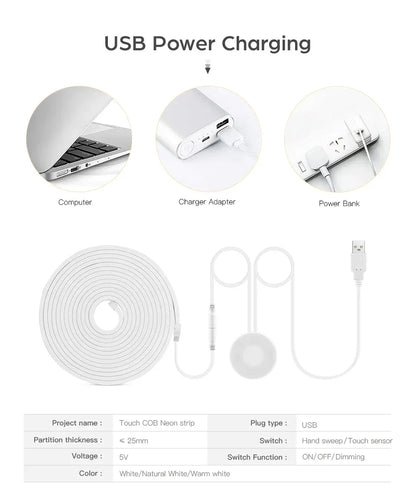 DC5V USB Touch Sensor Dimmable and Hand Sweep Switch COB Light LED Strip Neon Silica Gel Tape Waterproof Backlight DIY Home
