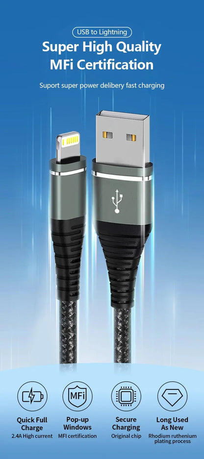 Lightning Cable USB Original Fast Charging Cord for Iphone 14 13 12 11 Pro Max XS X XR 7 8 6 Plus SE Nylon Braided Charger Cord