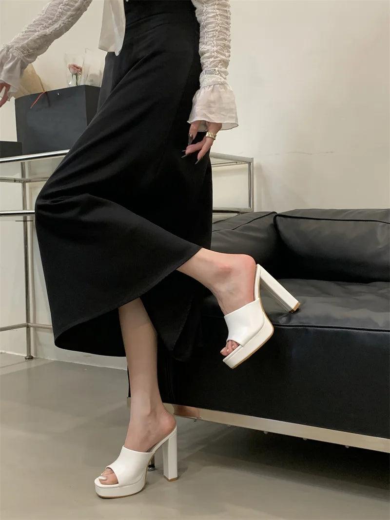 Liyke Sexy Thick High Heels Platform Slippers Black White Cozy PU Leather Open Toe 12CM Women Shoes Sandals Pumps Zapatos Mujer