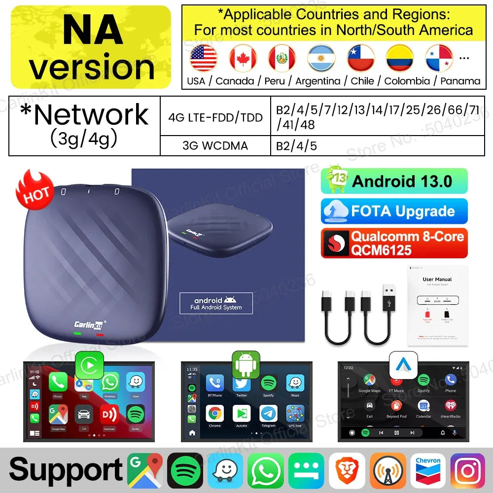 CarlinKit CarPlay Ai Box Android 13 Plus QCM6125 8-core Wireless Android Auto& CarPlay Car USB Adapter FOTA Upgrade For Netflix