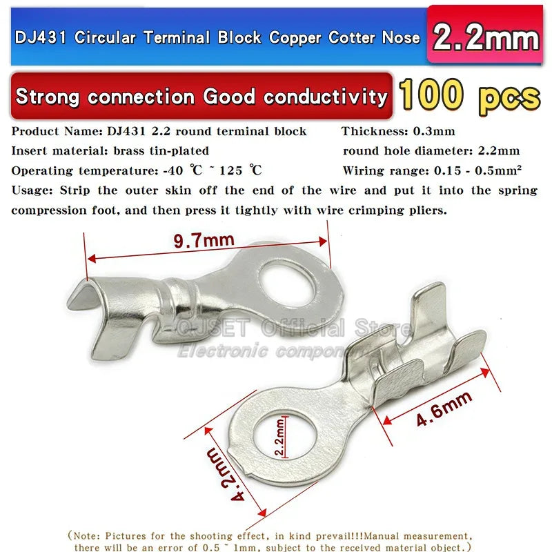 100PCS Circular Terminal Blocks DJ431 O-ring lugs Cold pressed connectors Copper lugs Terminal blocks Open ended bare ends 6.3mm