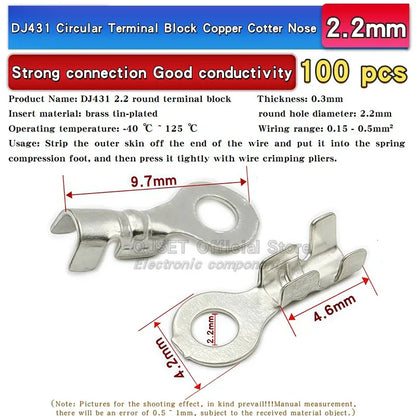 100PCS Circular Terminal Blocks DJ431 O-ring lugs Cold pressed connectors Copper lugs Terminal blocks Open ended bare ends 6.3mm
