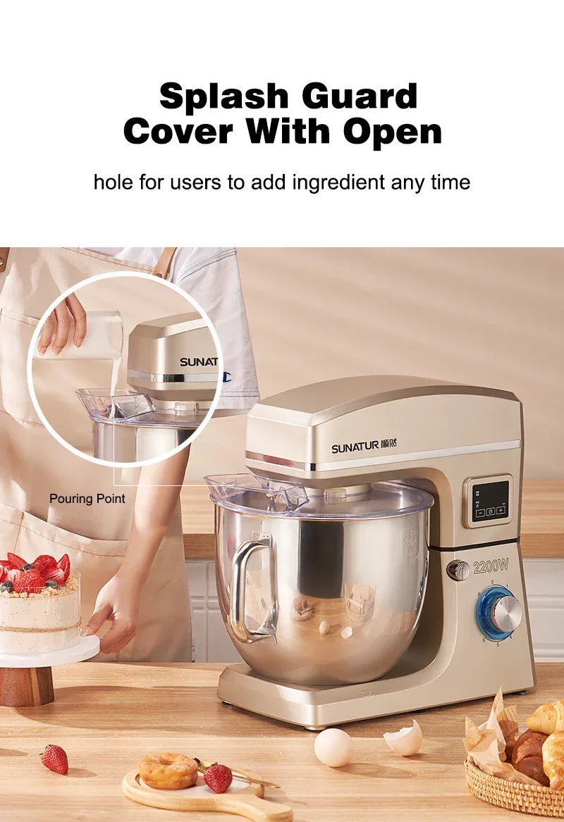 SUNATUR 10L Stand Mixer 2200w Dough Kneading Planetary Proccessor Automatic Beater Electric timed Kitchen Blender cream whipper