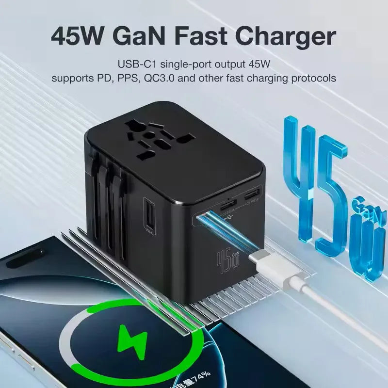 Global Universal Conversion Travel Plug 2 Type-C Sockets EU US AC Power Travel Adapter PD 65w 45w 25w Travel Plug Fast Charging