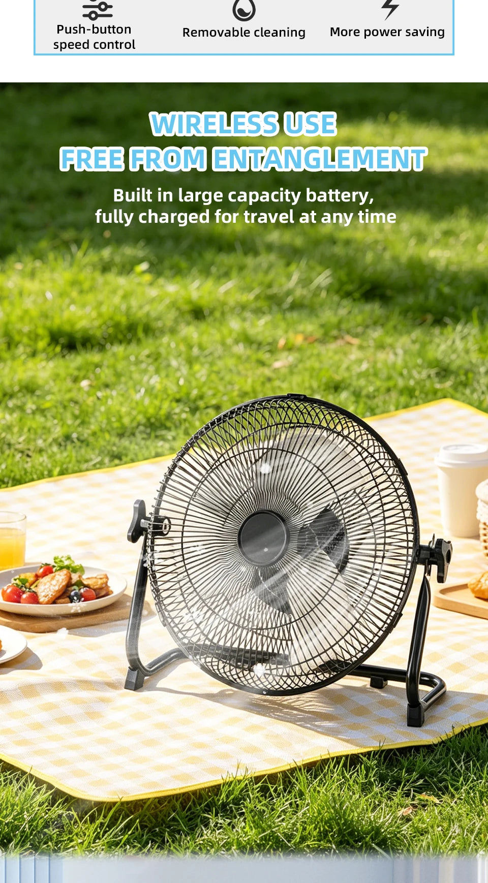 14 Inch Brushless Motor Floor Fan Strong Wind Electric Fan Portable Rechargeable with 15600mAh Battery for Outdoor Camping