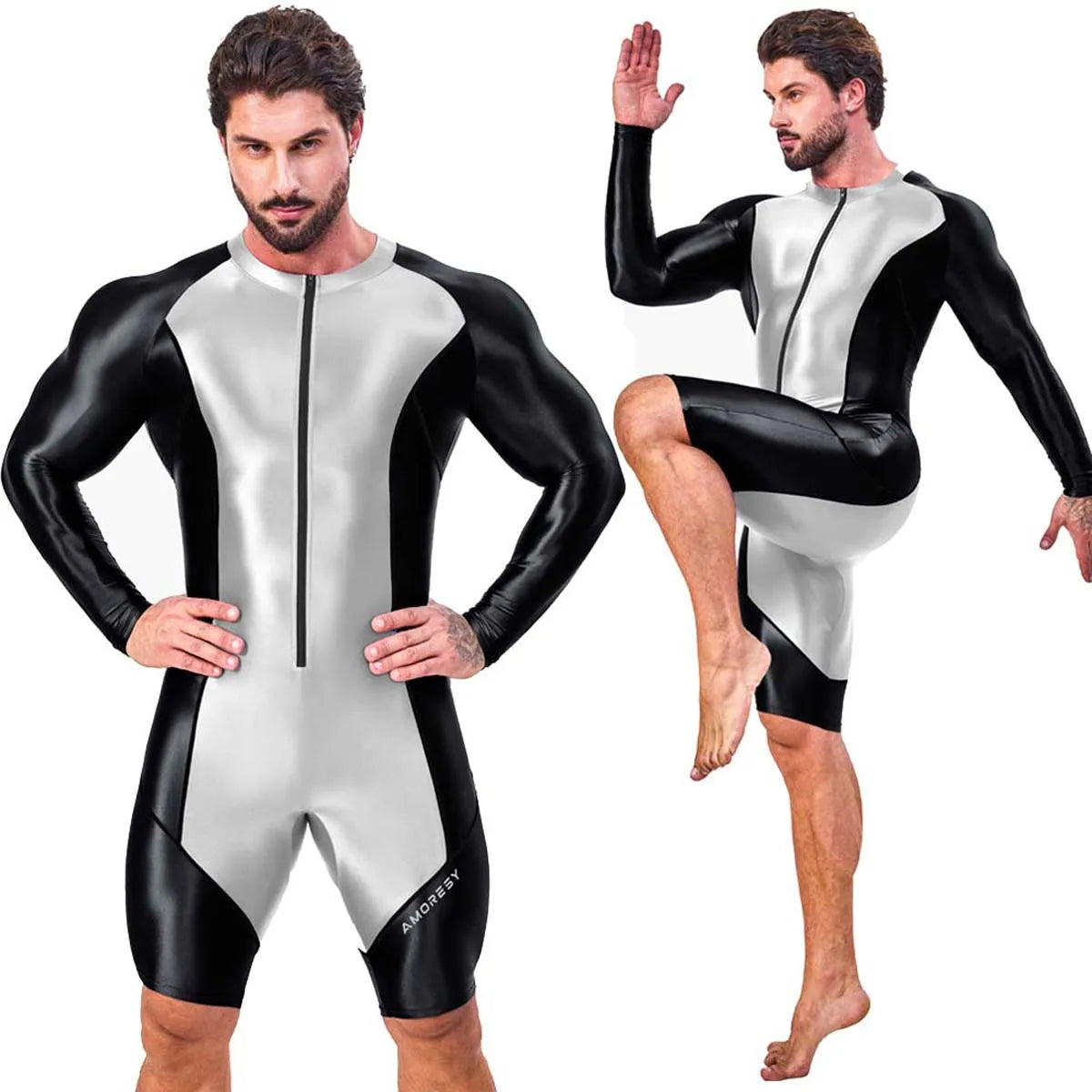AMORESY Atticus Series Men Glossy Smooth Patchwork High Stretch Long Sleeve Knee Length Tracksuit Jumpsuit Bodysuit Fitness Gym