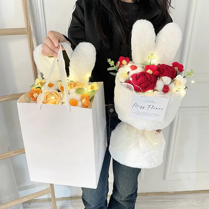 Rabbit Ears Crochet Flower Bouquet Handmade Completed Flower Bouquet with Gift Bag Creative Knit Rose Bouquet for Mother's Day