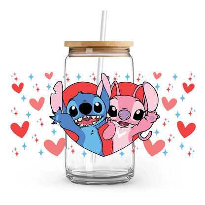 Valentine's Day cartoon Mickey Minnie Stitch Love 16oz Glass Cup UV DTF Transfer Film High-Quality Wraps Transfer Decals