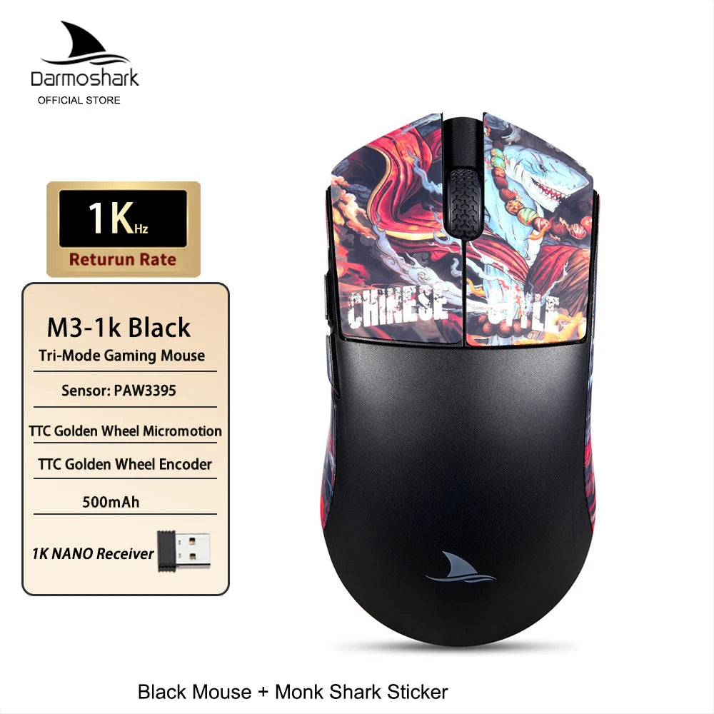 Darmoshark M3 Gaming Mouse Dual Mode 8K Wireless Tri-Mode PAW3395 Big Hand Macro Game Mouse 26000 DPI Lightweight Mice