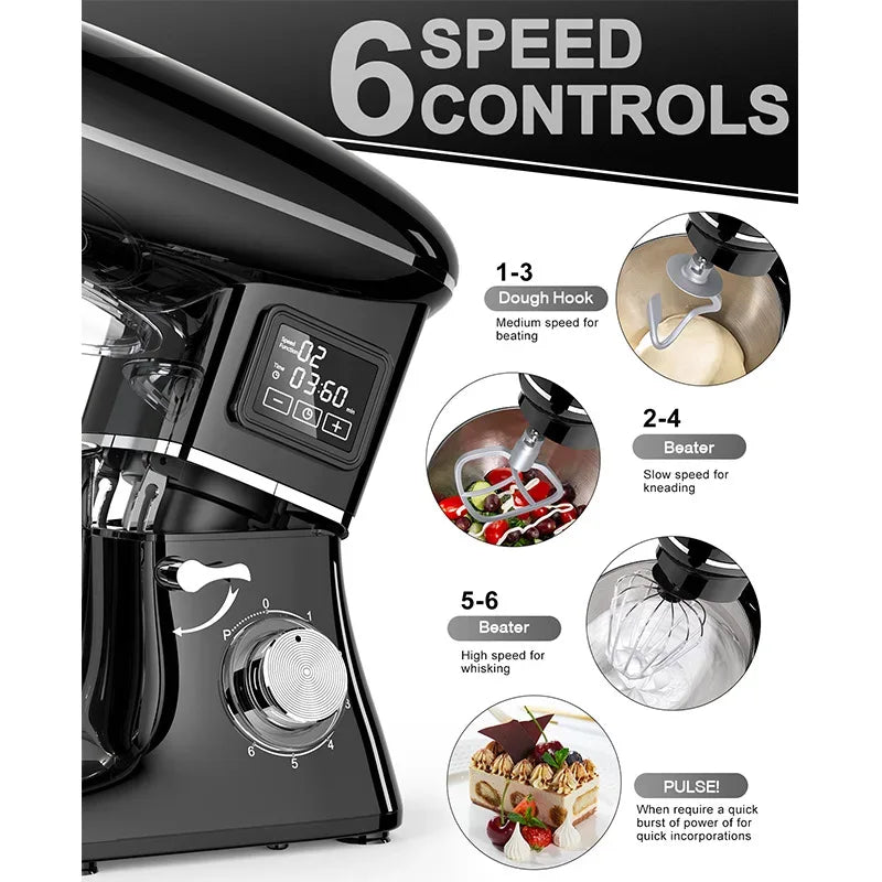 Commercial Stand Mixer 1500W, 6.5L Stainless Steel Bowl 6-Speed, Silent Design Smart Display Multi-Functional Dough Mixer