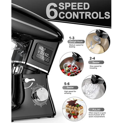 Commercial Stand Mixer 1500W, 6.5L Stainless Steel Bowl 6-Speed, Silent Design Smart Display Multi-Functional Dough Mixer