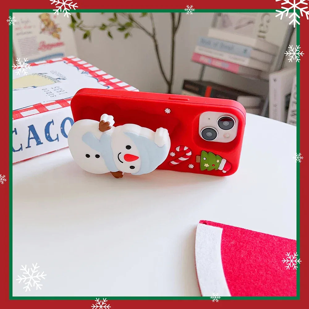 Cute 3D Cartoon Christmas Snow Man Telescopic Bracket Case For iPhone 16 15 14 13 12 Pro Max Soft Silicone Stand Holder Cover