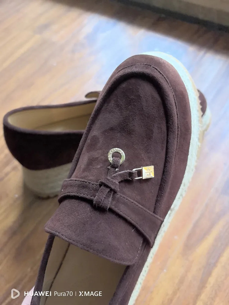MKKHOU Fashion Loafers New High Quality Real Leather Suede Vintage Straw Braid Platform Shoes Daily Casual Light Shoes Neutral