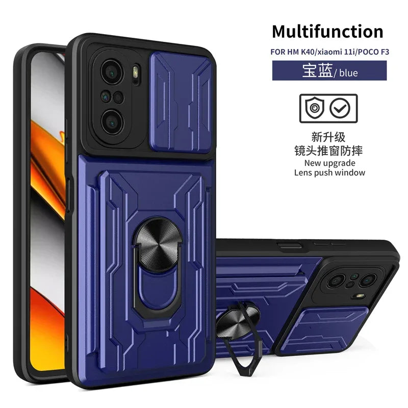 For xiaomi poco f3 case slide card camera armor phone case for pocophone little poco f3 f 3 pocof3 f3poco car holder back cover