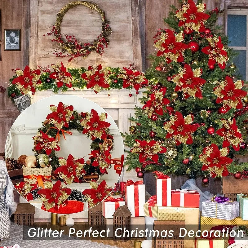 10/1Pc Christmas Glitter Artificial Flowers DIY Christmas Tree Hanging Ornaments Fake Flower For Xmas New Year Party Decor Gifts